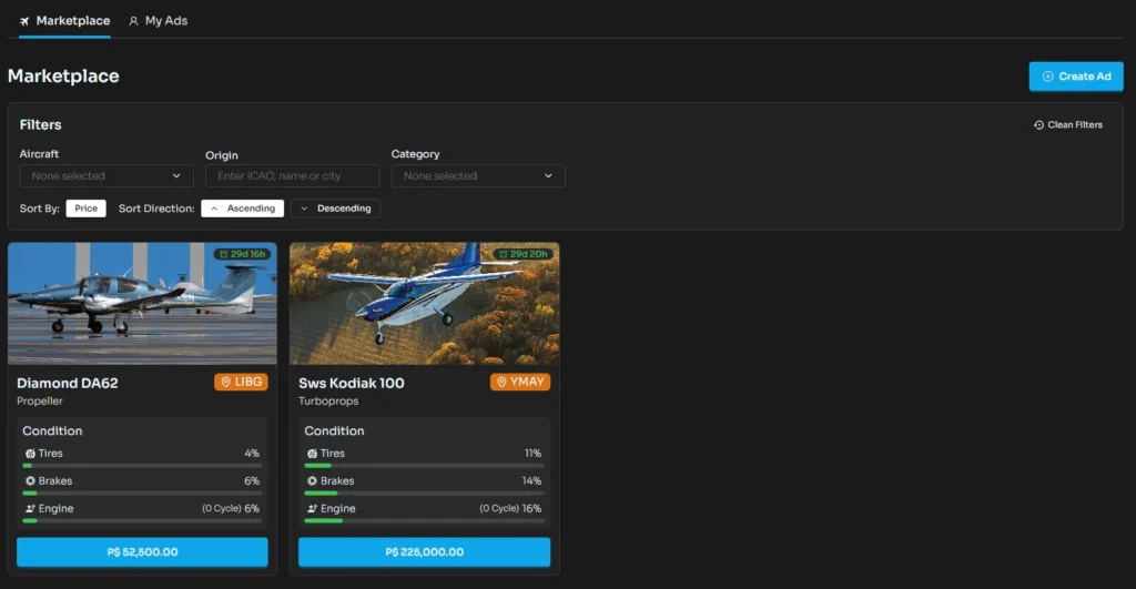 Marketplace do Pilops para aeronaves usadas
