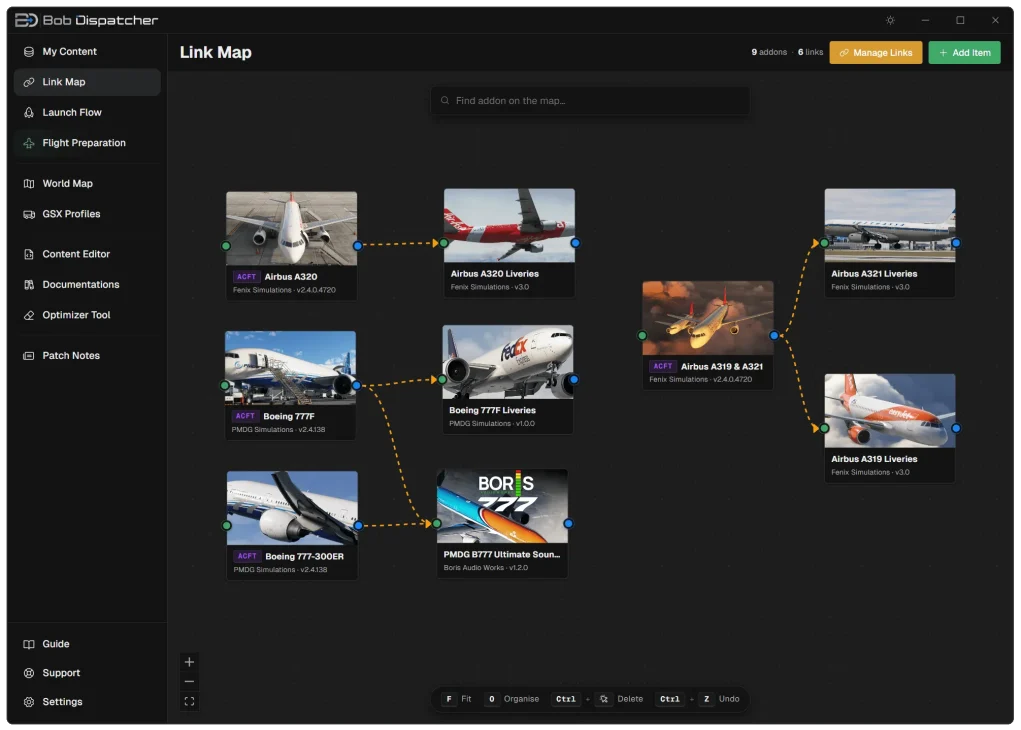 Painel do Bob Dispatcher com ferramentas para rotina pre-flight no MSFS