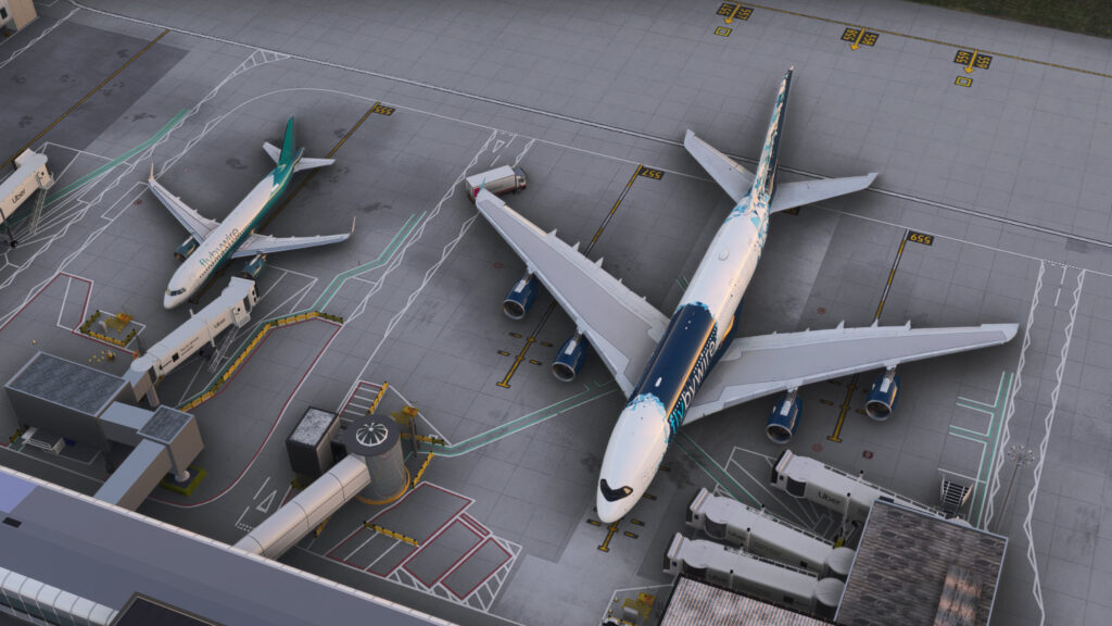 Aeroporto no Microsoft Flight Simulator 2024 com A380X estacionado