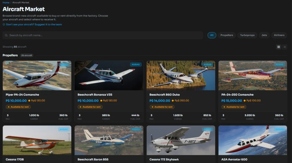 Mercado de aeronaves do Pilops com ofertas de jogadores