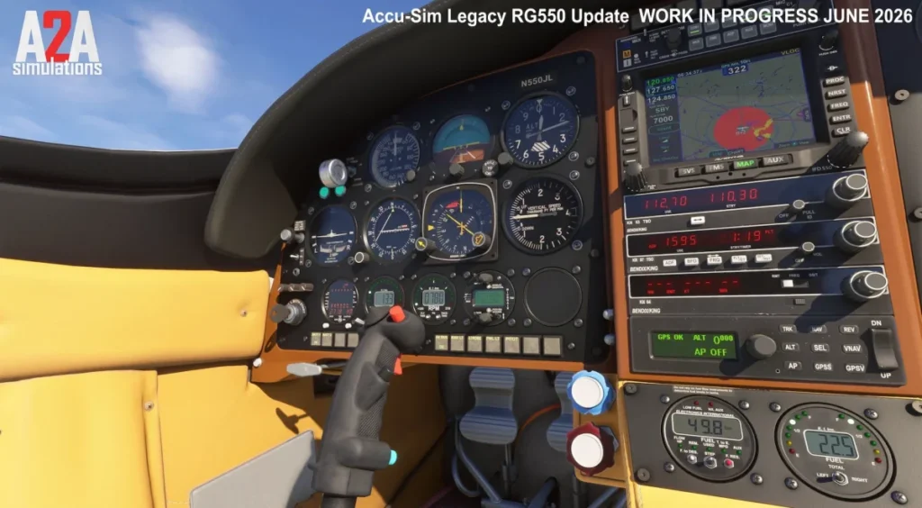 Instrumentos e aviônicos do A2A Legacy RG550 no simulador