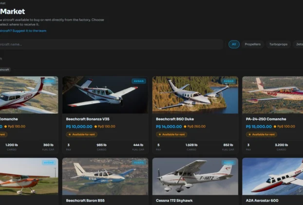Mercado de aeronaves do Pilops com ofertas de jogadores