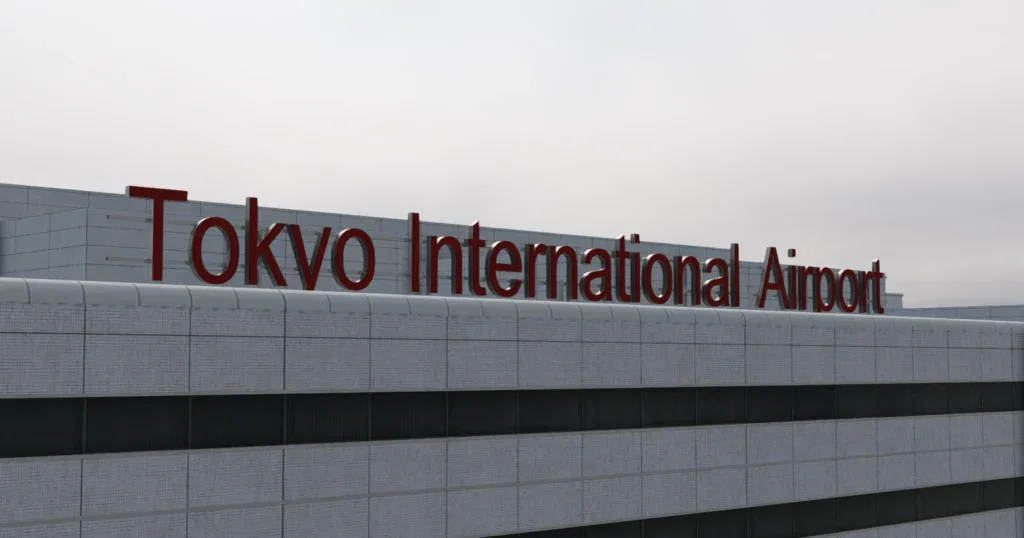 Fachada do Tokyo International Airport no cenário da Axonos