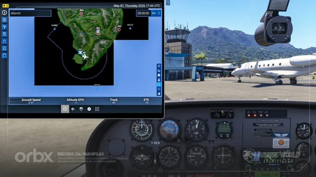 Interface do Jurassic World Archipelago EFB Map no MSFS 2024