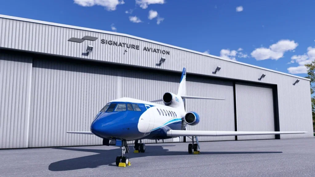 Jato executivo em frente à Signature Aviation no cenário KTEB