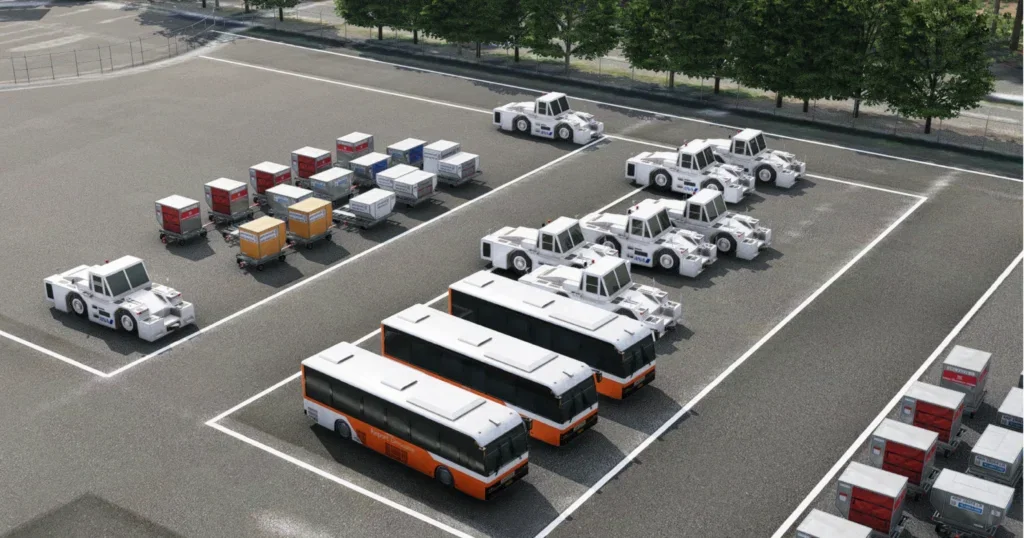 Detalhes de estacionamento e veículos no cenário Tokyo Haneda