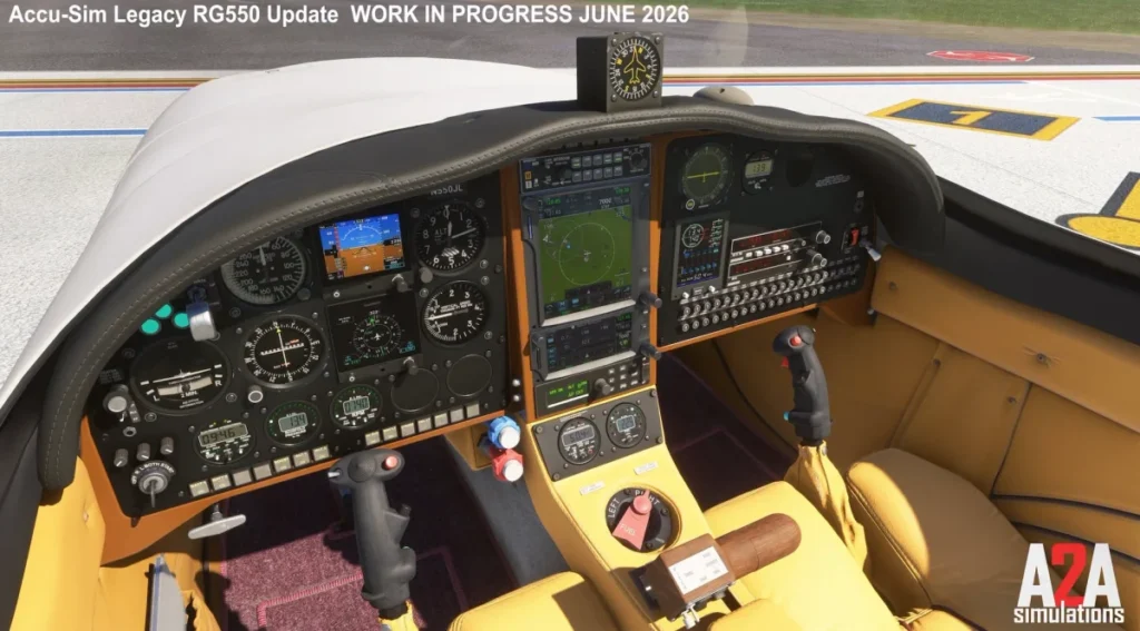 Cockpit do A2A Legacy RG550 com painel analógico e aviônicos modernos