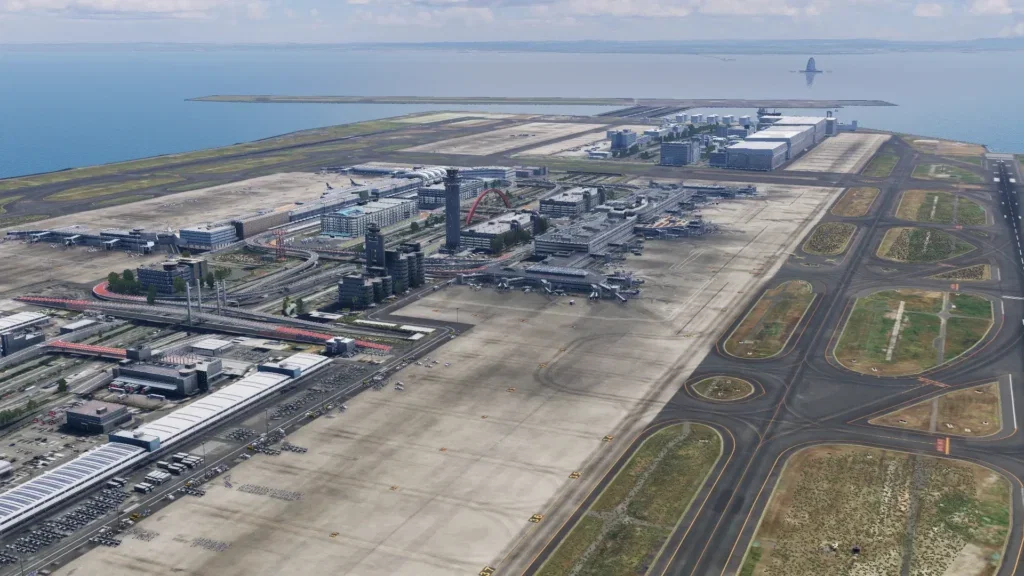 Vista aérea ampla do aeroporto Tokyo Haneda RJTT no X-Plane 12
