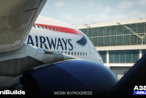 Imagem oficial da iniBuilds mostrando o Airbus A380 Airliner em desenvolvimento para simulador de voo