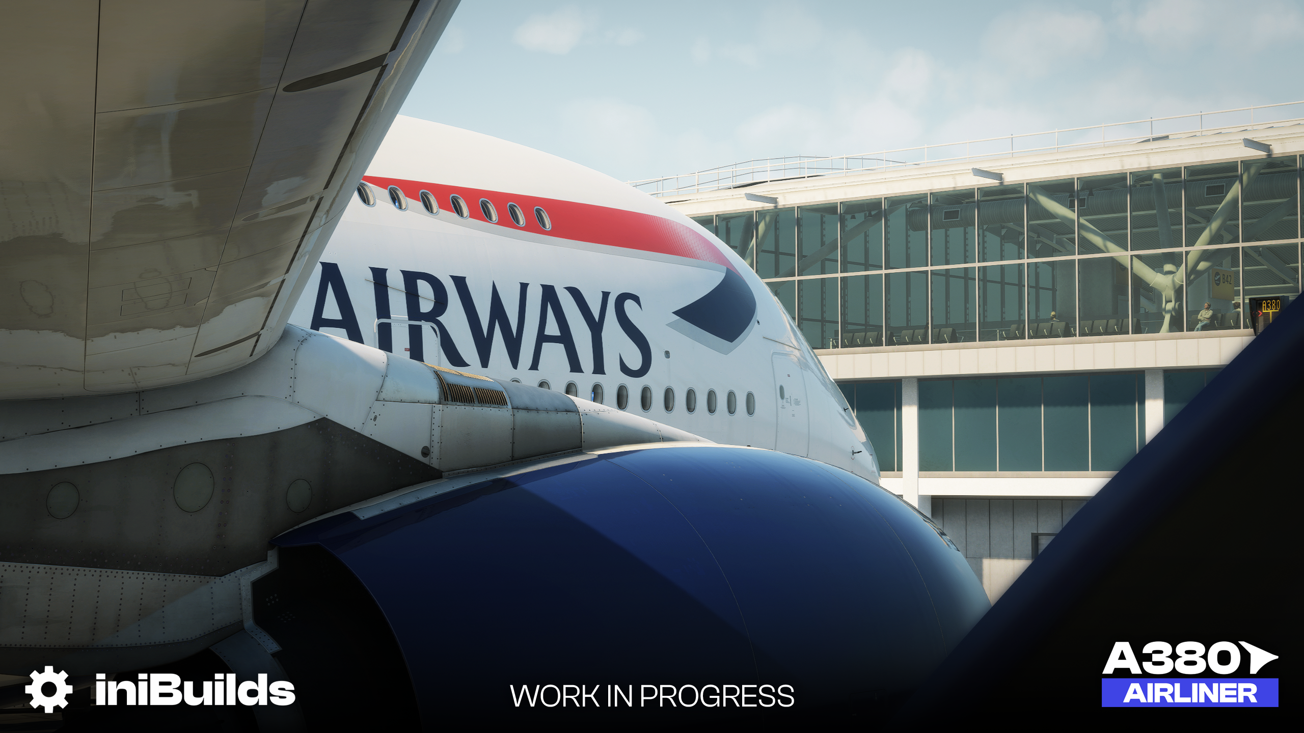 Imagem oficial da iniBuilds mostrando o Airbus A380 Airliner em desenvolvimento para simulador de voo
