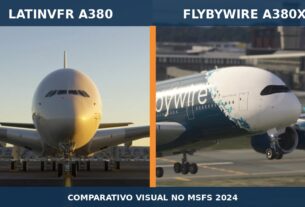 Comparativo visual entre LatinVFR A380 e FlyByWire A380X no MSFS 2024