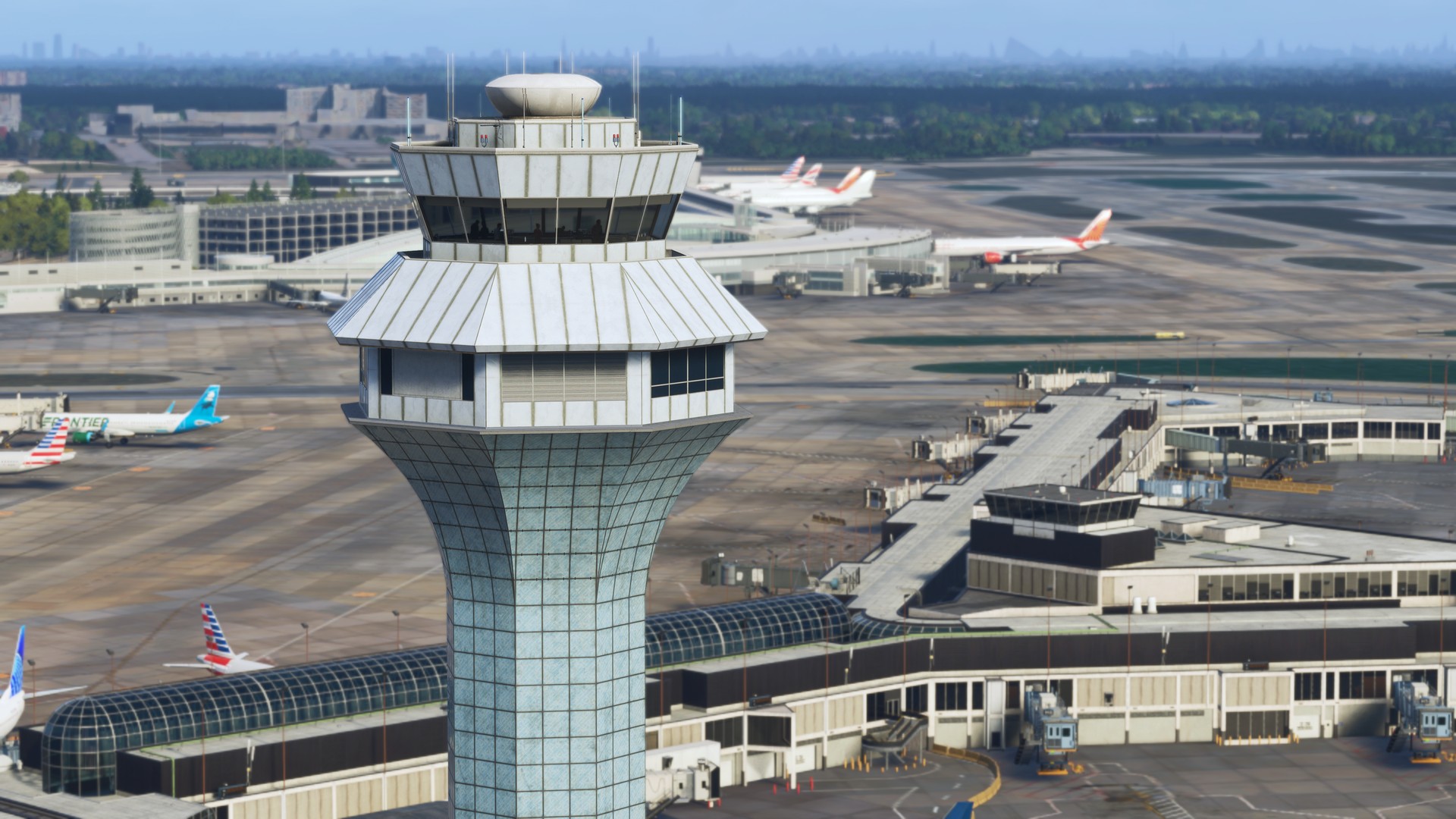 Torre de controle e terminais de Chicago O’Hare no cenário da iniBuilds para MSFS 2024