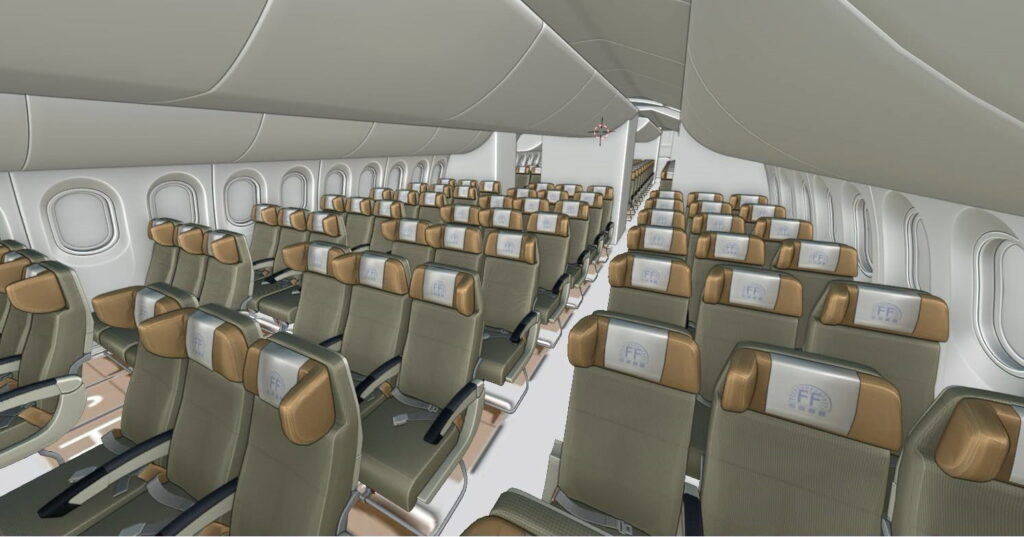 Cabine econômica do Boeing 787 da FlightFactor em desenvolvimento