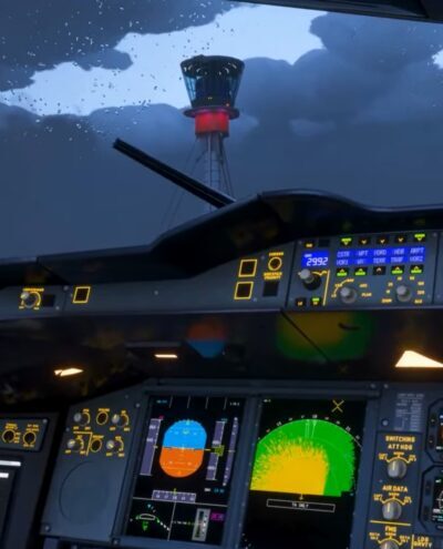 Cockpit do LatinVFR A380 no Microsoft Flight Simulator 2024 durante demonstração dos sistemas.