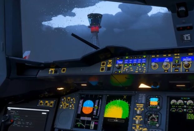 Cockpit do LatinVFR A380 no Microsoft Flight Simulator 2024 durante demonstração dos sistemas.