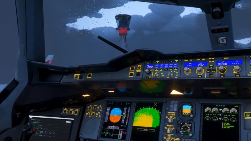 Cockpit do LatinVFR A380 no Microsoft Flight Simulator 2024 durante demonstração dos sistemas.