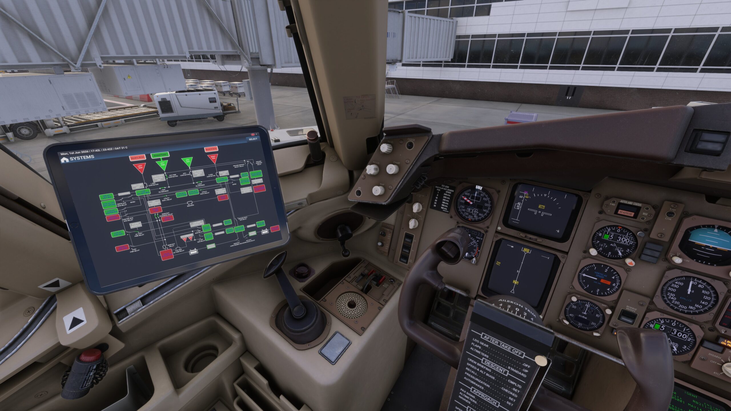 Cockpit do BlueBird 757 com EFB exibindo o sistema elétrico da aeronave