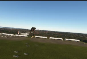 Aeronave histórica sobrevoando o Grange Aerodrome 1917 recriado no Microsoft Flight Simulator