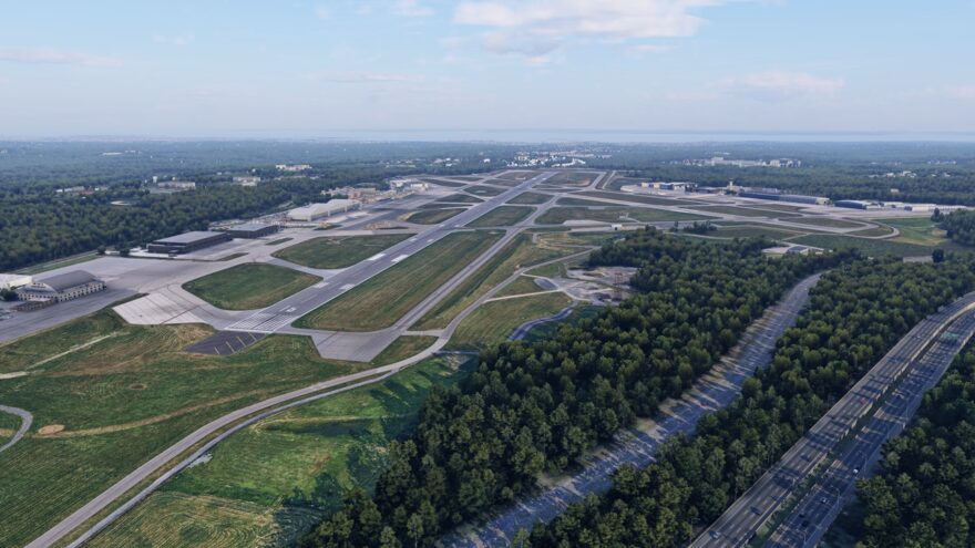 Cenário Fly2High KHPN Westchester County Airport no X-Plane 12 visto do alto