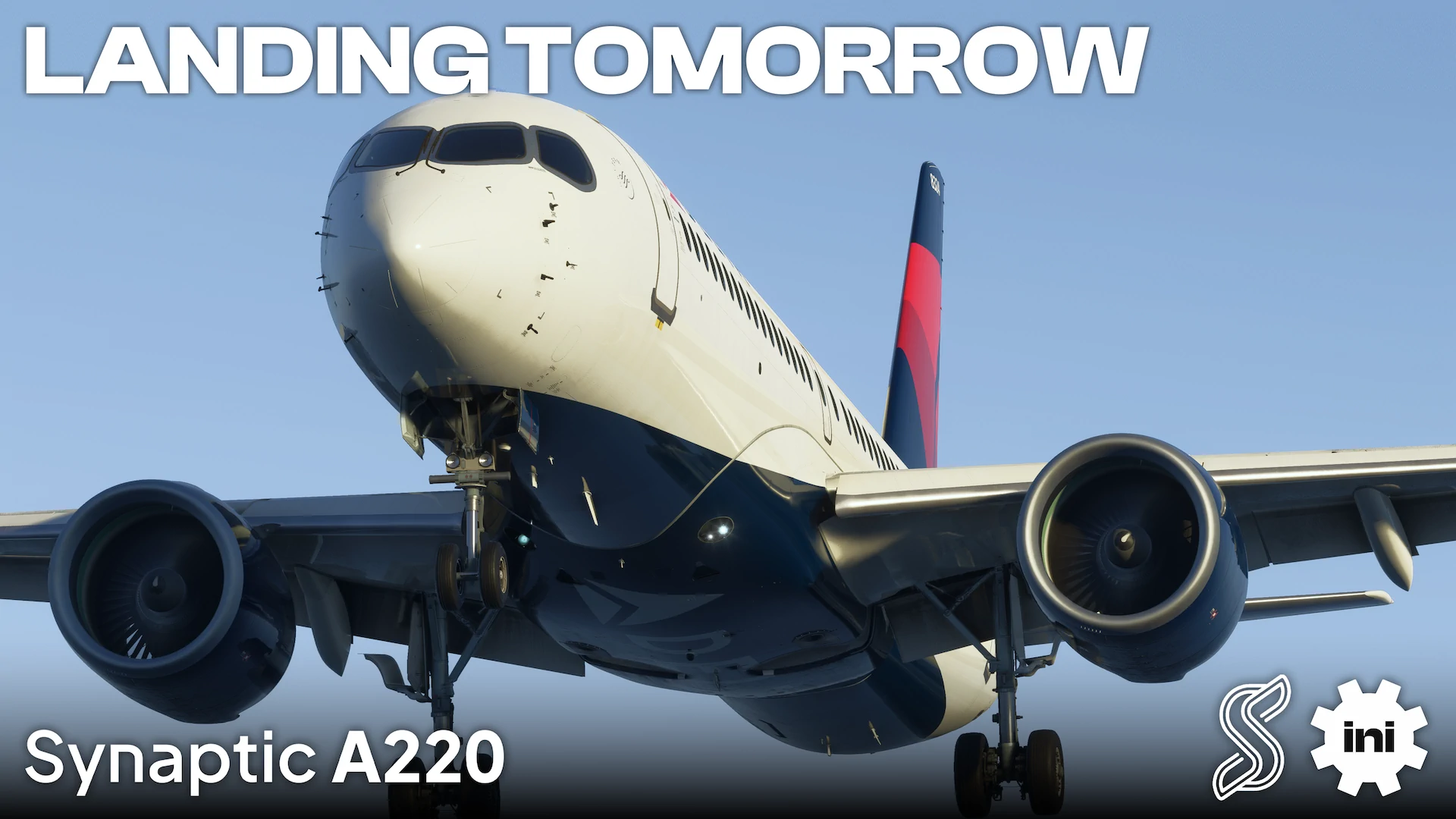 Arte oficial do Synaptic A220 informando chegada ao Marketplace do Microsoft Flight Simulator
