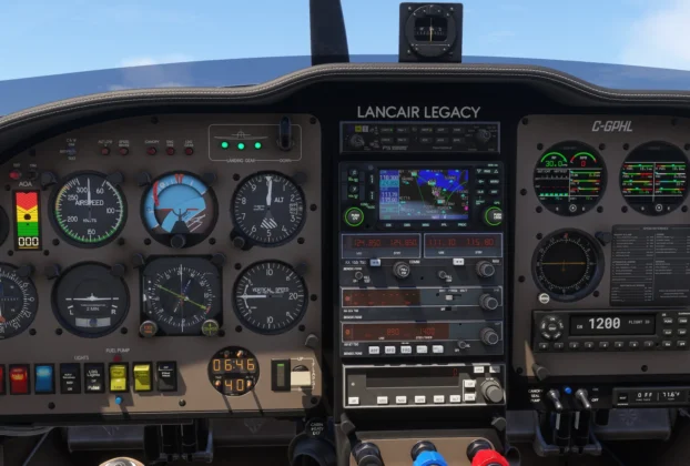 Cockpit analógico do Flysimware Lancair Legacy no MSFS 2024