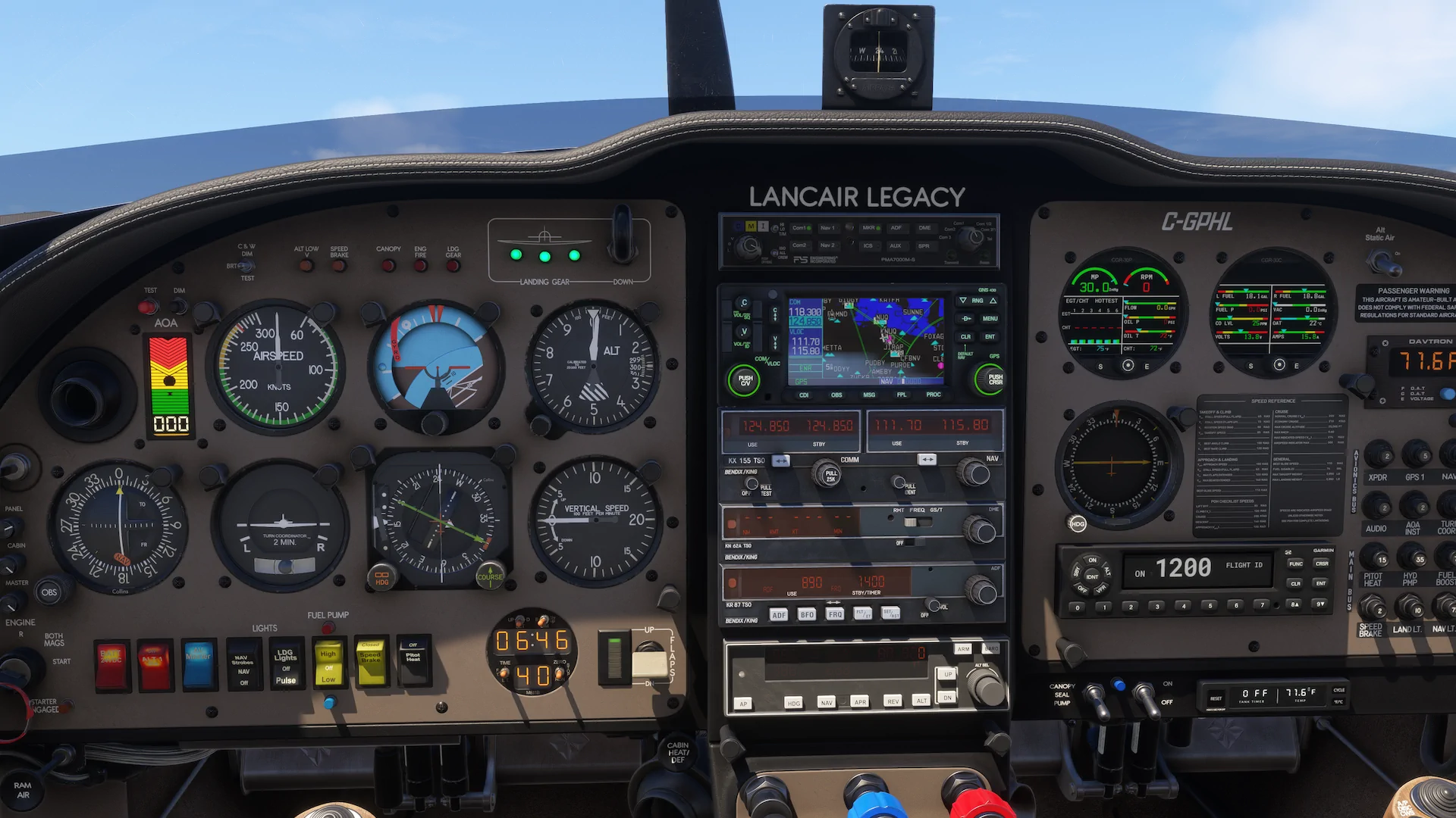 Cockpit analógico do Flysimware Lancair Legacy no MSFS 2024