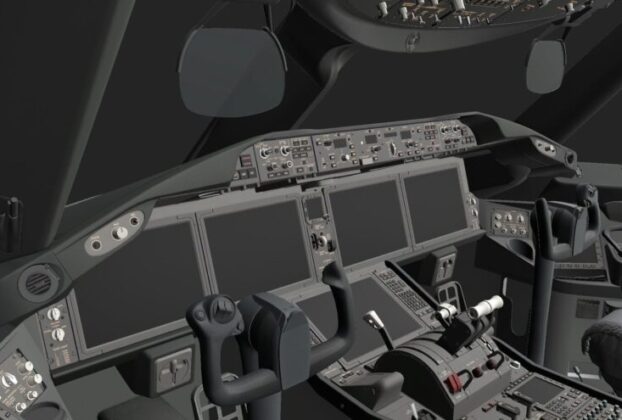 Cockpit do Boeing 787 da FlightFactor em desenvolvimento