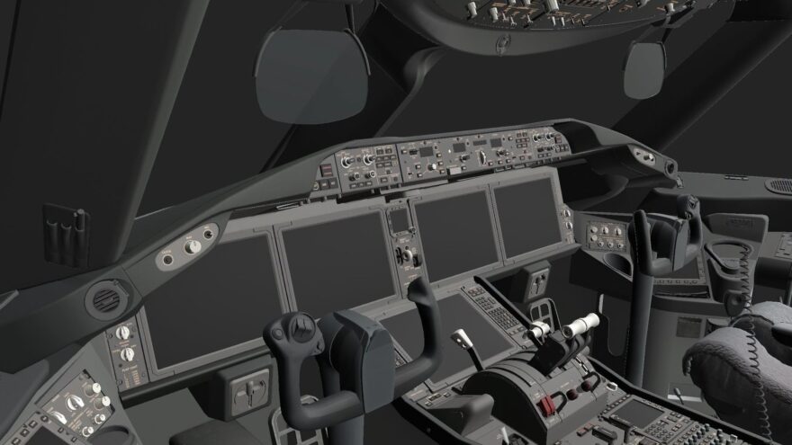Cockpit do Boeing 787 da FlightFactor em desenvolvimento