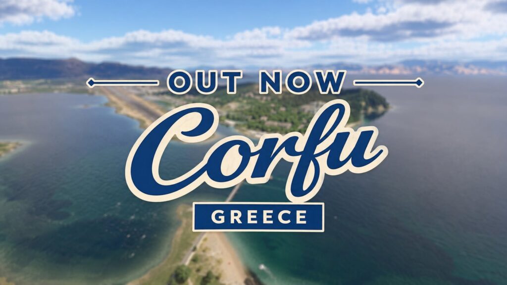Arte oficial de lançamento do cenário Gaya Corfu LGKR para Microsoft Flight Simulator 2024