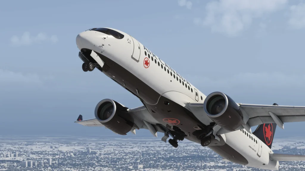 Synaptic Airbus A220 decolando no Microsoft Flight Simulator