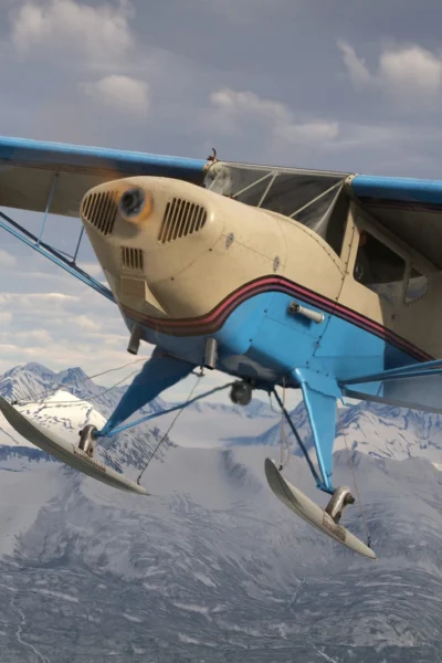 Taylorcraft BC-12D com esquis em voo sobre montanhas nevadas no Microsoft Flight Simulator