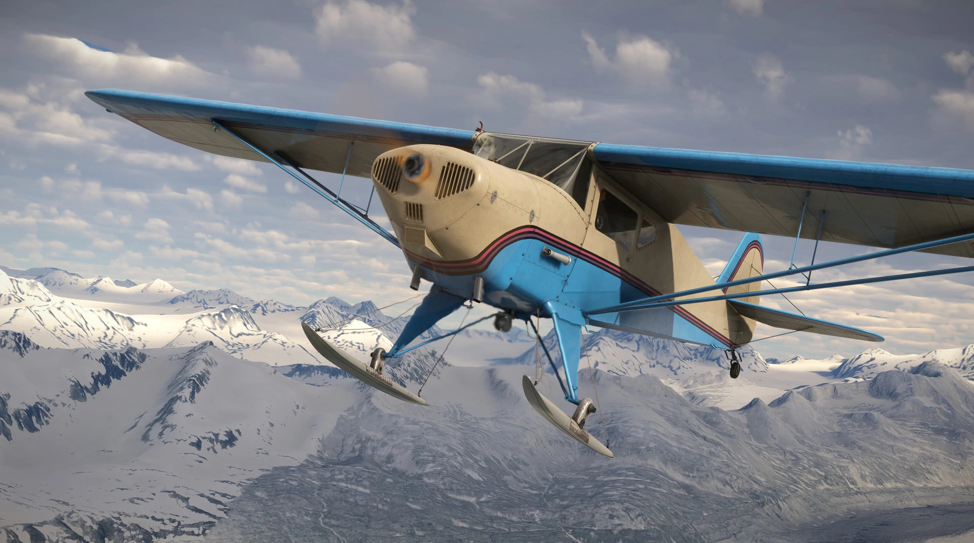 Taylorcraft BC-12D com esquis em voo sobre montanhas nevadas no Microsoft Flight Simulator