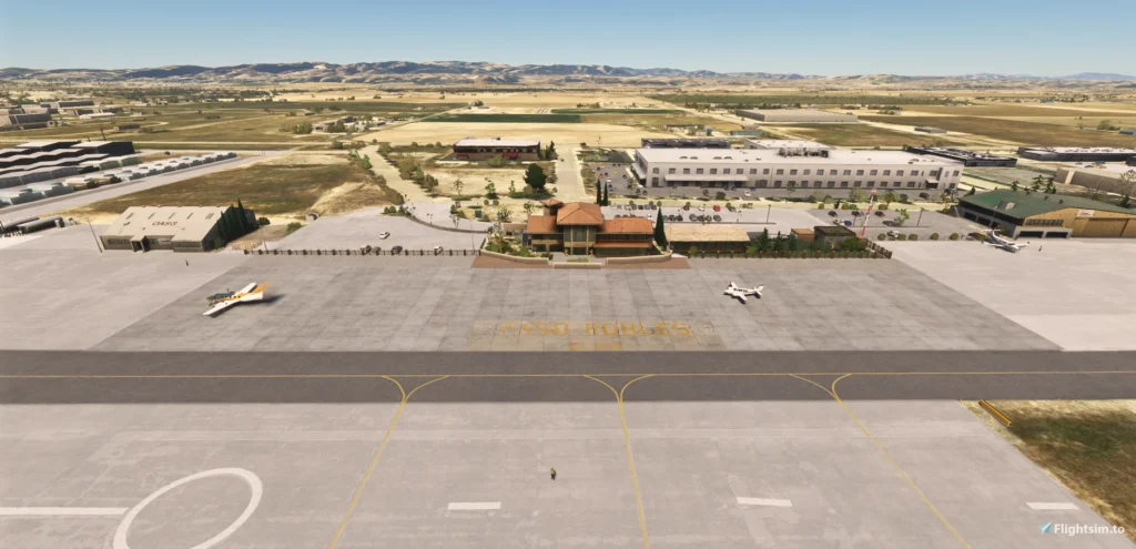 Vista aérea do Paso Robles Municipal Airport no Microsoft Flight Simulator