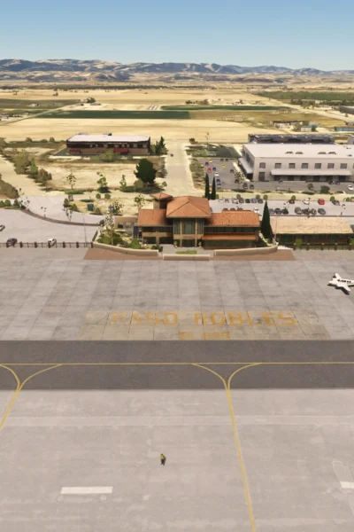 Vista aérea do Paso Robles Municipal Airport no Microsoft Flight Simulator