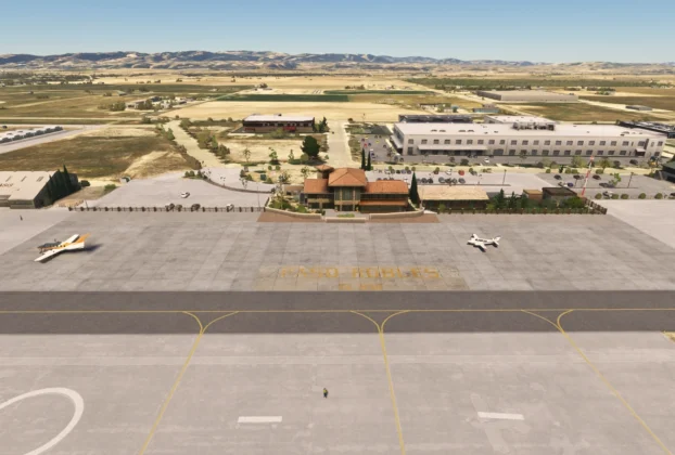 Vista aérea do Paso Robles Municipal Airport no Microsoft Flight Simulator