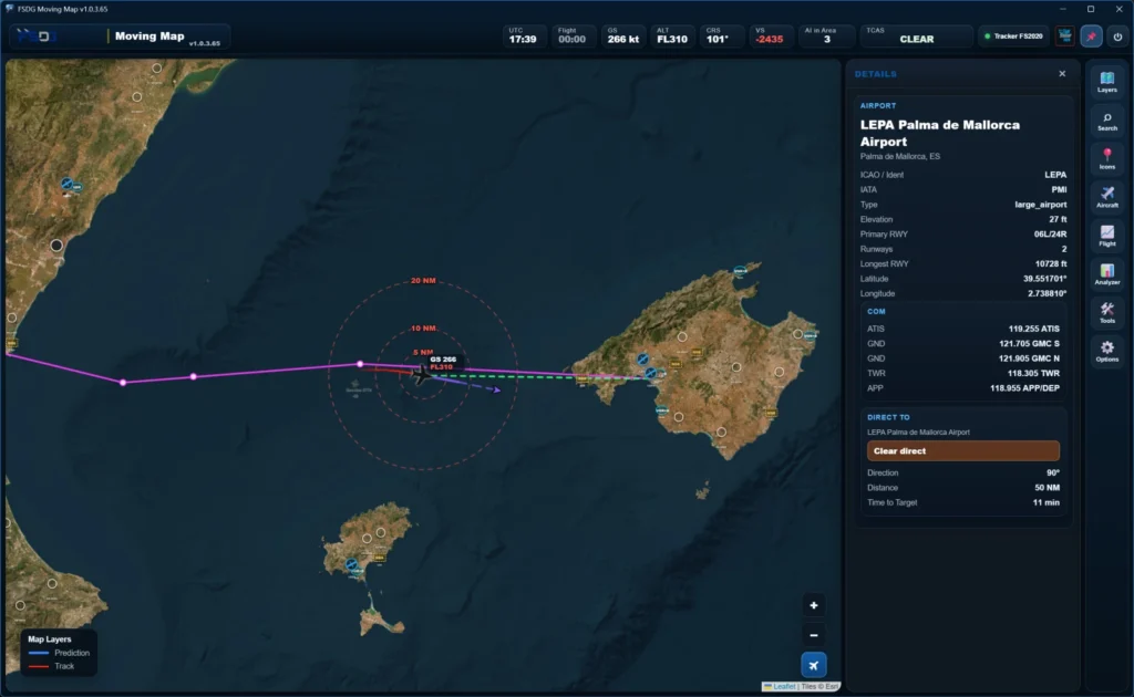 Mapa e rota no FSDG Flight Suite para Microsoft Flight Simulator