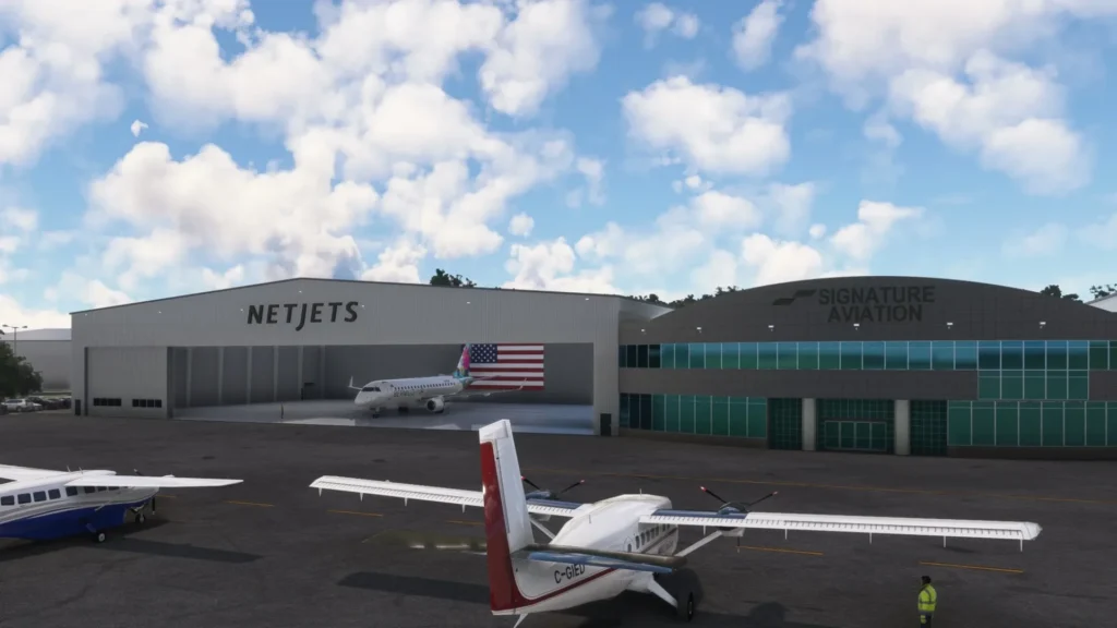 Teterboro Airport KTEB freeware para Microsoft Flight Simulator com jatos executivos no pátio.