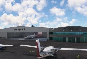 Teterboro Airport KTEB freeware para Microsoft Flight Simulator com jatos executivos no pátio.