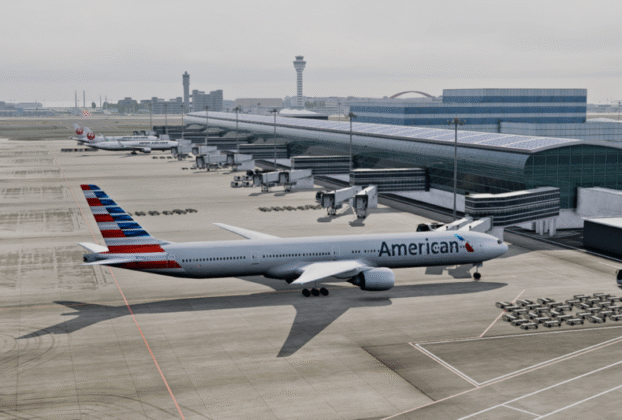 Pátio, terminais e torre de Tokyo Haneda no cenário da Axonos para X-Plane 12