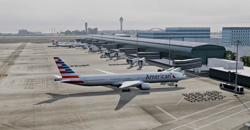 Pátio, terminais e torre de Tokyo Haneda no cenário da Axonos para X-Plane 12