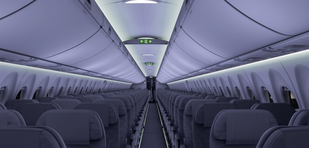 Cabine de passageiros do Synaptic A220 no Microsoft Flight Simulator