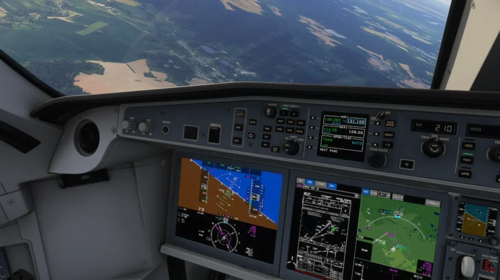 Cockpit do Synaptic A220 em voo no Microsoft Flight Simulator