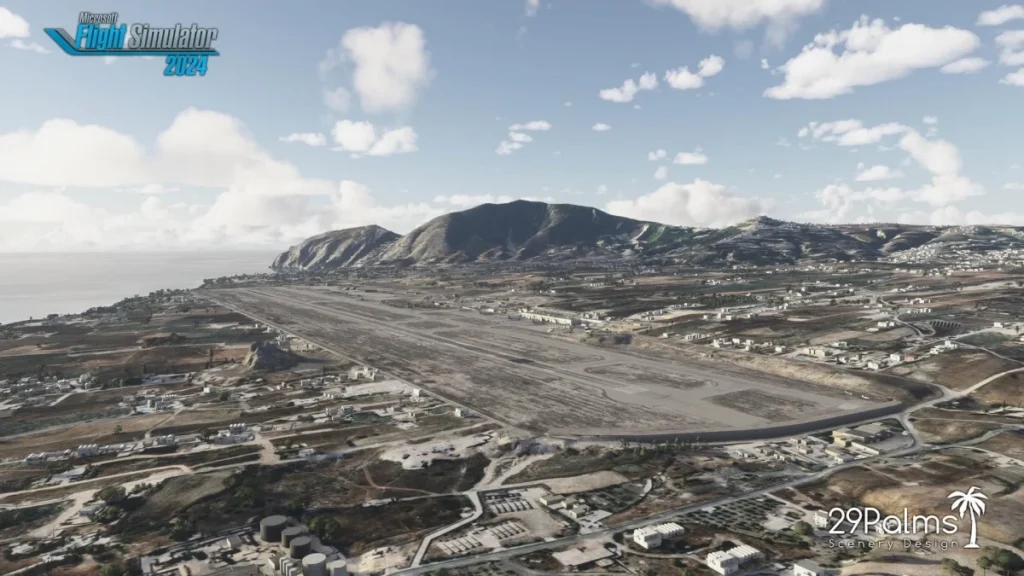 Vista aérea ampla do aeroporto e da ilha de Santorini