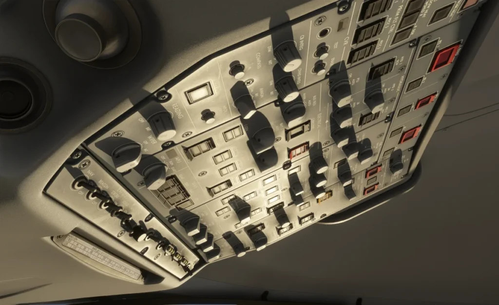 Painel superior do cockpit do Synaptic A220 no Microsoft Flight Simulator