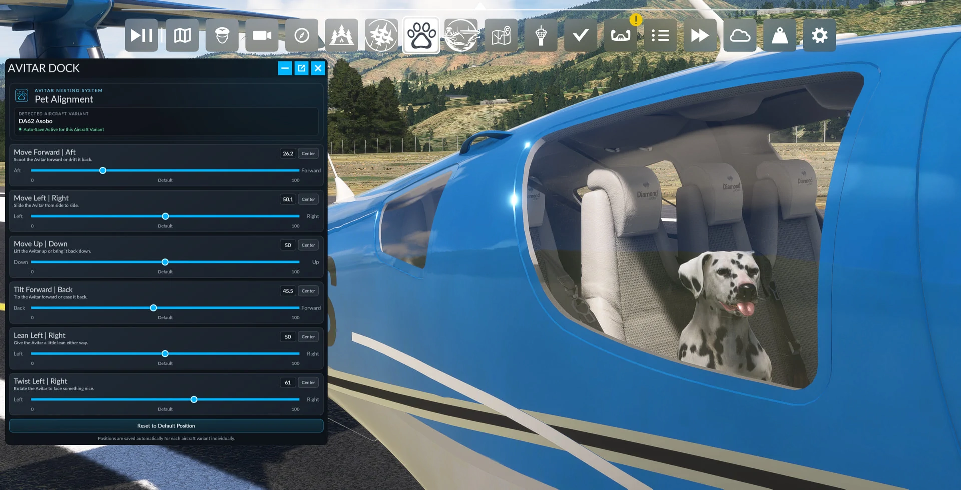Avitar Nest ajustando a posição de um pet no Microsoft Flight Simulator