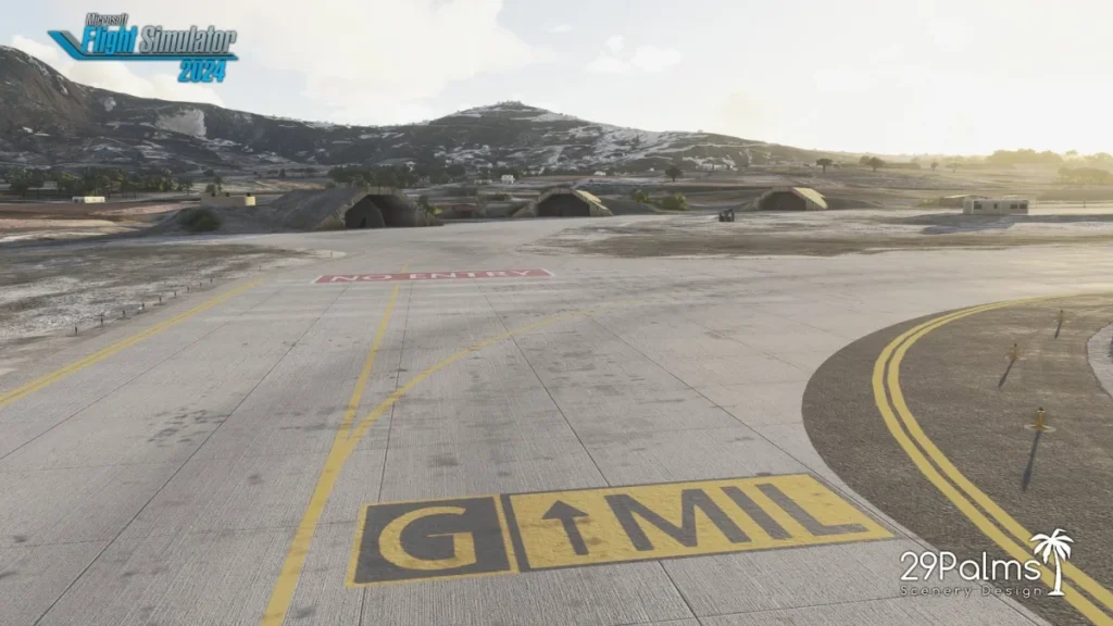 Taxiway e aeronaves no cenário de Santorini da 29Palms