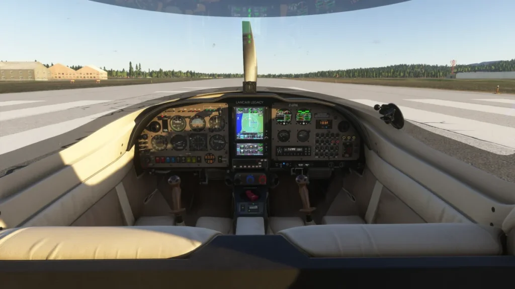 Cockpit do Lancair Legacy na pista no Microsoft Flight Simulator