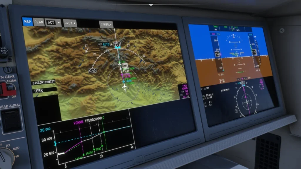 Telas de navegação e aviônicos do Synaptic A220 no Microsoft Flight Simulator