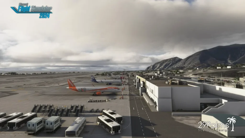 Terminal movimentado de Santorini no Microsoft Flight Simulator
