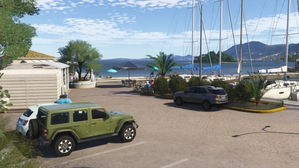 Marina e costa de Corfu recriadas no cenário Gaya LGKR para MSFS 2024